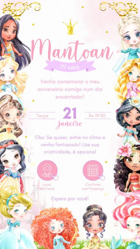 Convite Interativo - Convite Princesas Aquarela