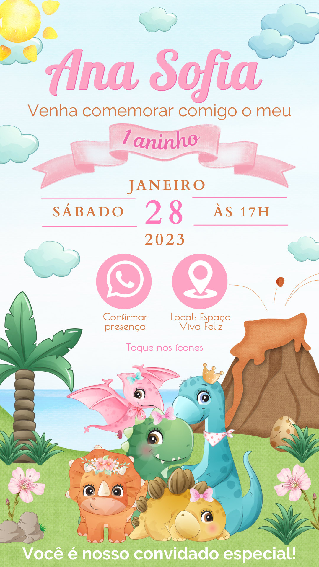 Convite Interativo - Dino Baby Menina