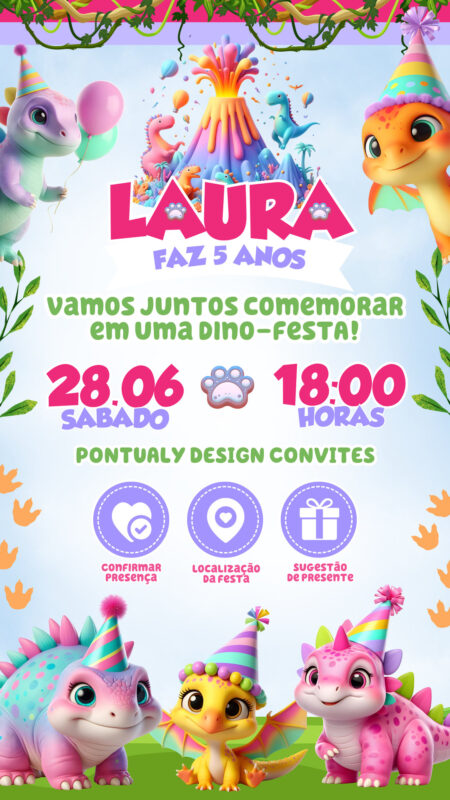Convite Interativo - Dino Baby Menina