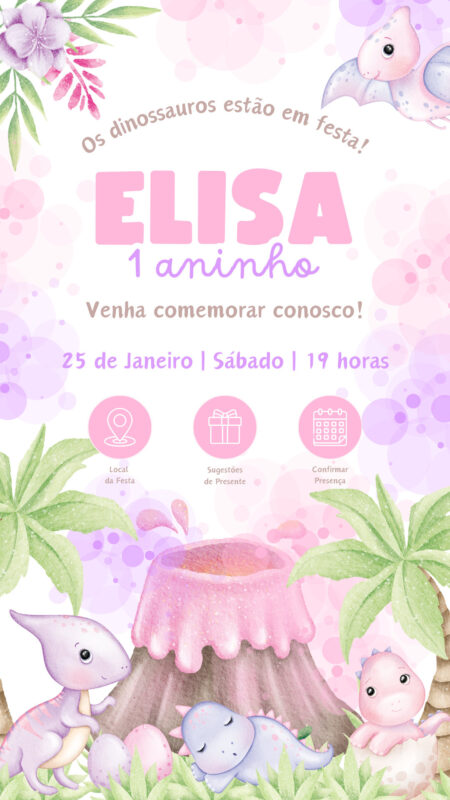Convite Interativo - Dinossauros Dino Baby Menina