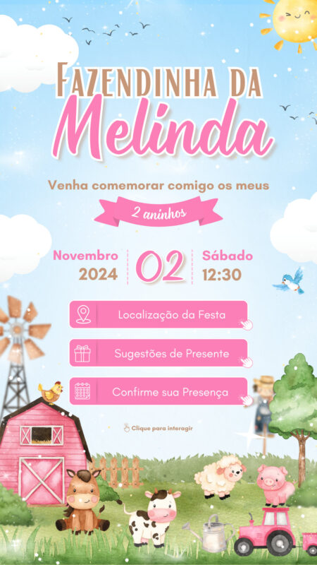 Convite Interativo - Fazendinha Aquarela Rosa