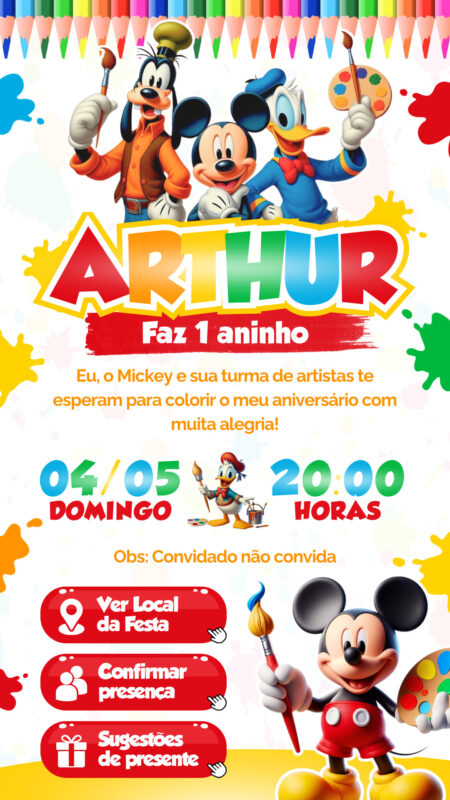 Convite Interativo - Mickey Artista/Pintor