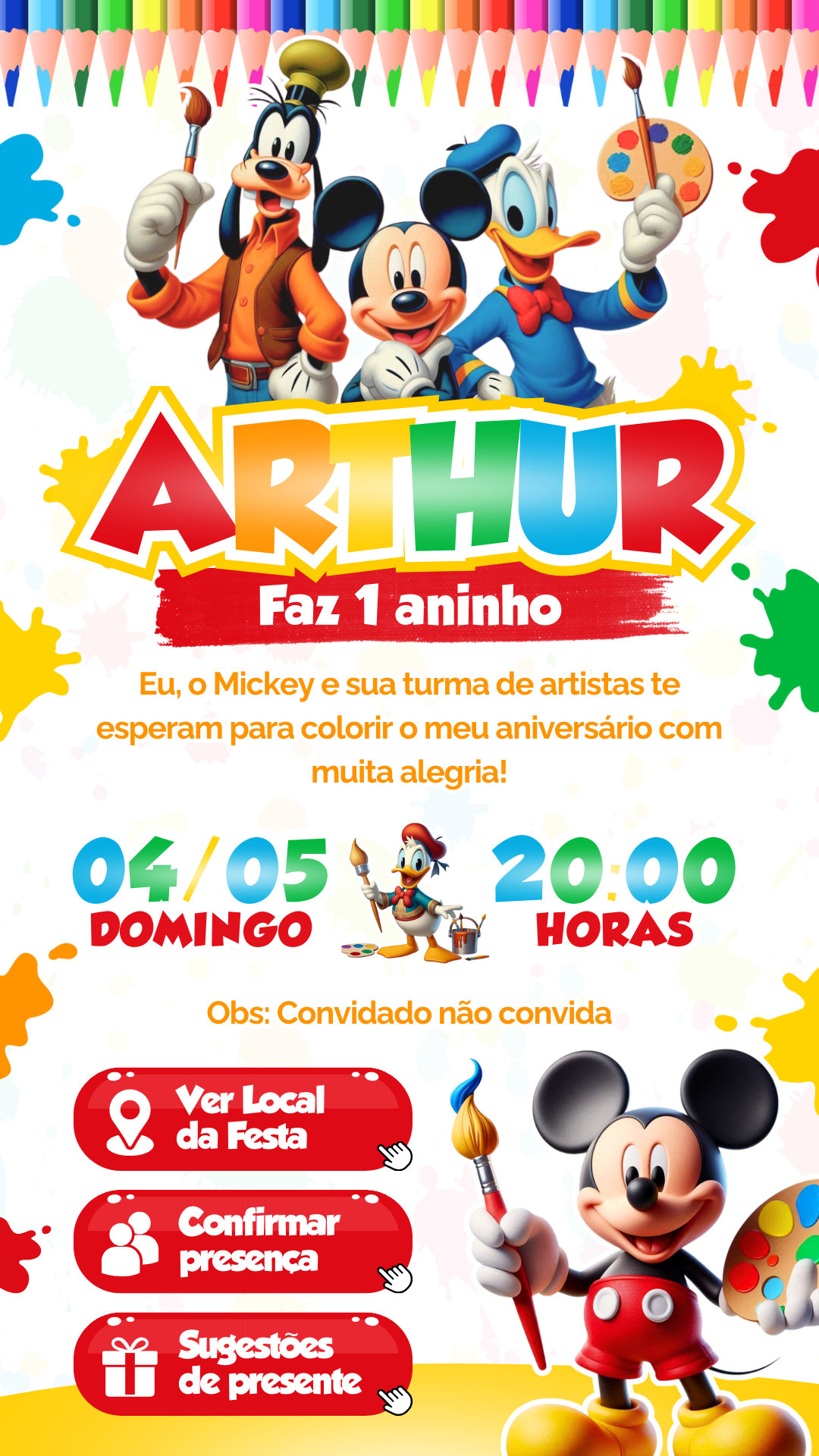 Convite Interativo - Mickey Artista/Pintor