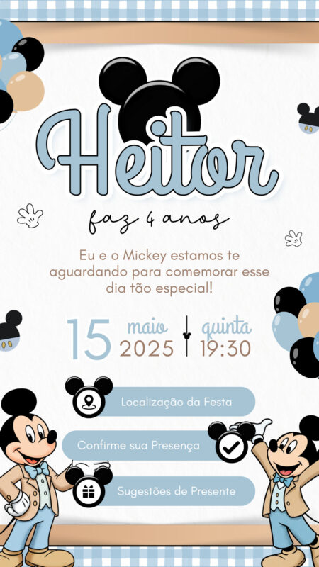 Convite Interativo - Mickey Mouse Azul, Nude e Branco