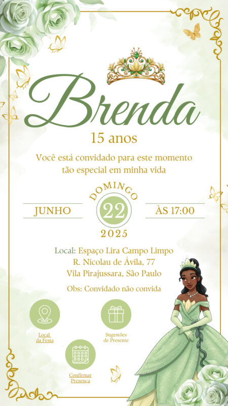 Convite Interativo - Princesa e o Sapo Tiana Verde 15 Anos