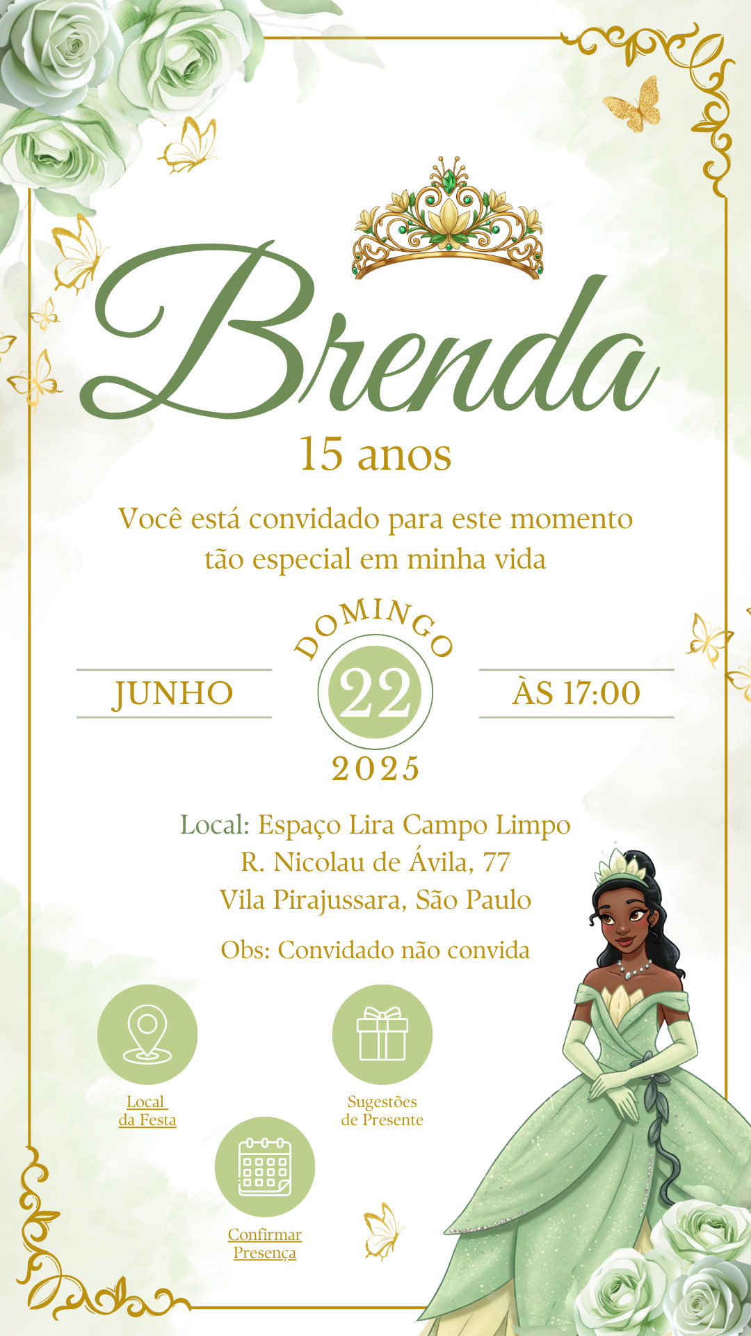 Convite Interativo - Princesa e o Sapo Tiana Verde 15 Anos
