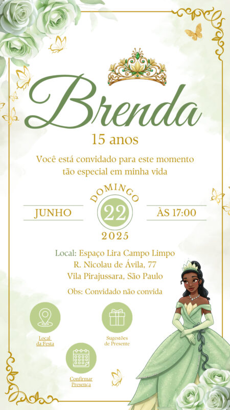 Convite Interativo - Princesa e o SapoTiana Verde 15 anos