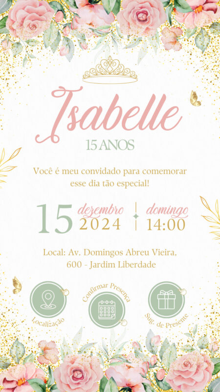 Convite Interativo - Rosa, Dourado e Verde 15 Anos