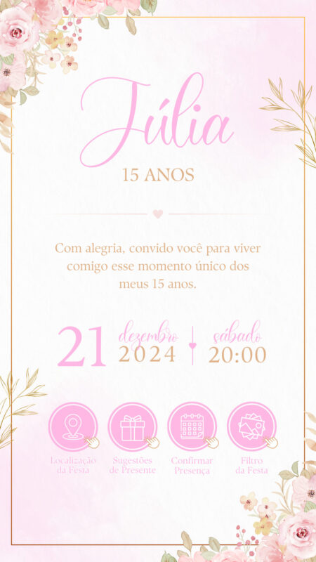 Convite Interativo - Rosa e Dourado 15 Anos