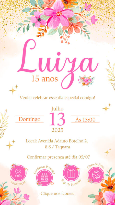 Convite Interativo - Rosa Laranja e Dourado 15 anos