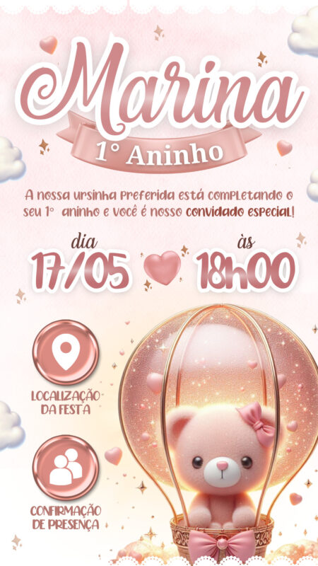 Convite Interativo - Ursinha Baloeira Rose