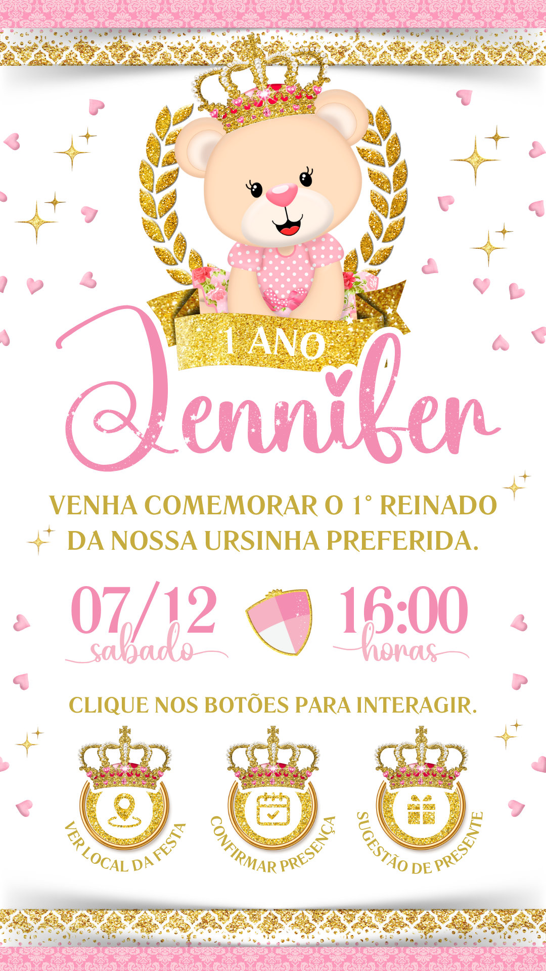Convite Interativo - Ursinha Princesa Realeza Rosa