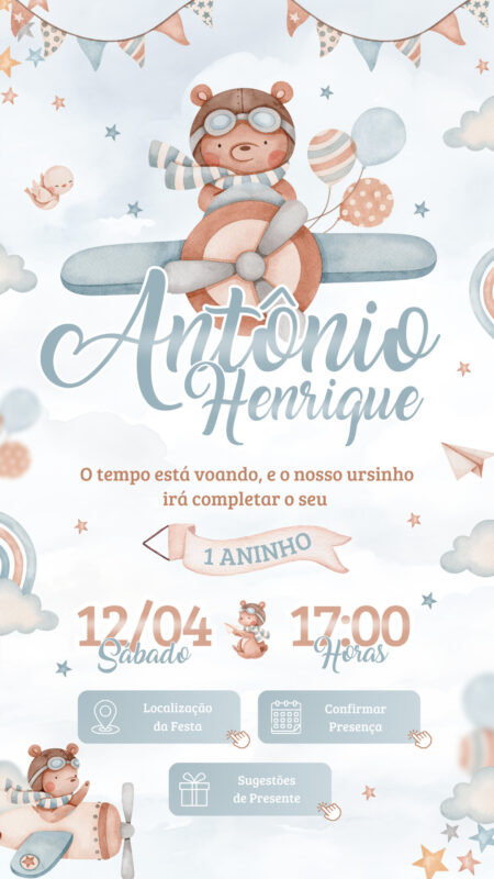 Convite Interativo - Urso Aviador Vintage