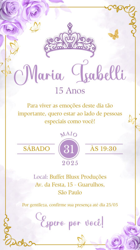 Convite Simples - 15 anos Lilás e Dourado