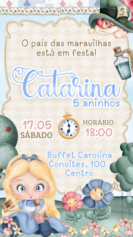 Convite Simples - Alice no país das Maravilhas Cute Aquarela