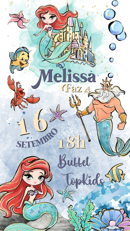 Convite Simples - Ariel Pequena Sereia Cute