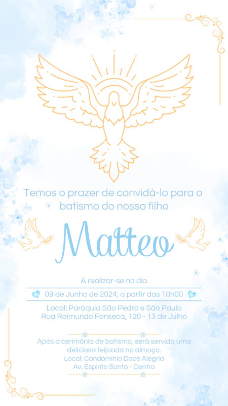 Convite Simples - Batizado/Batismo Azul Menino