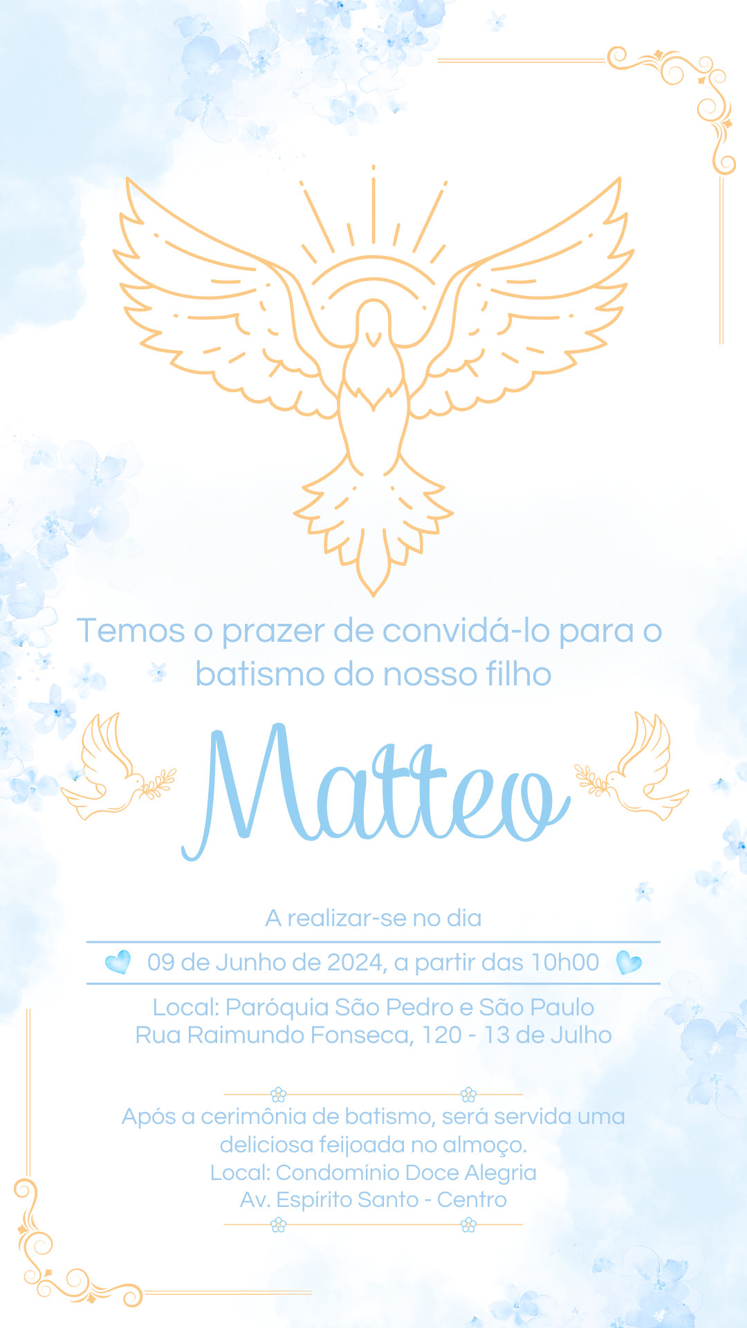 Convite Simples - Batizado/Batismo Azul Menino