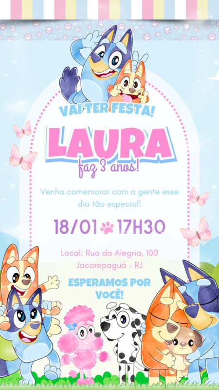 Convite Simples - Bluey Aquarela Menina
