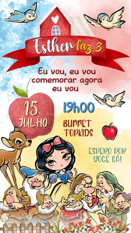 Convite Simples - Branca de Neve Cute Aquarela