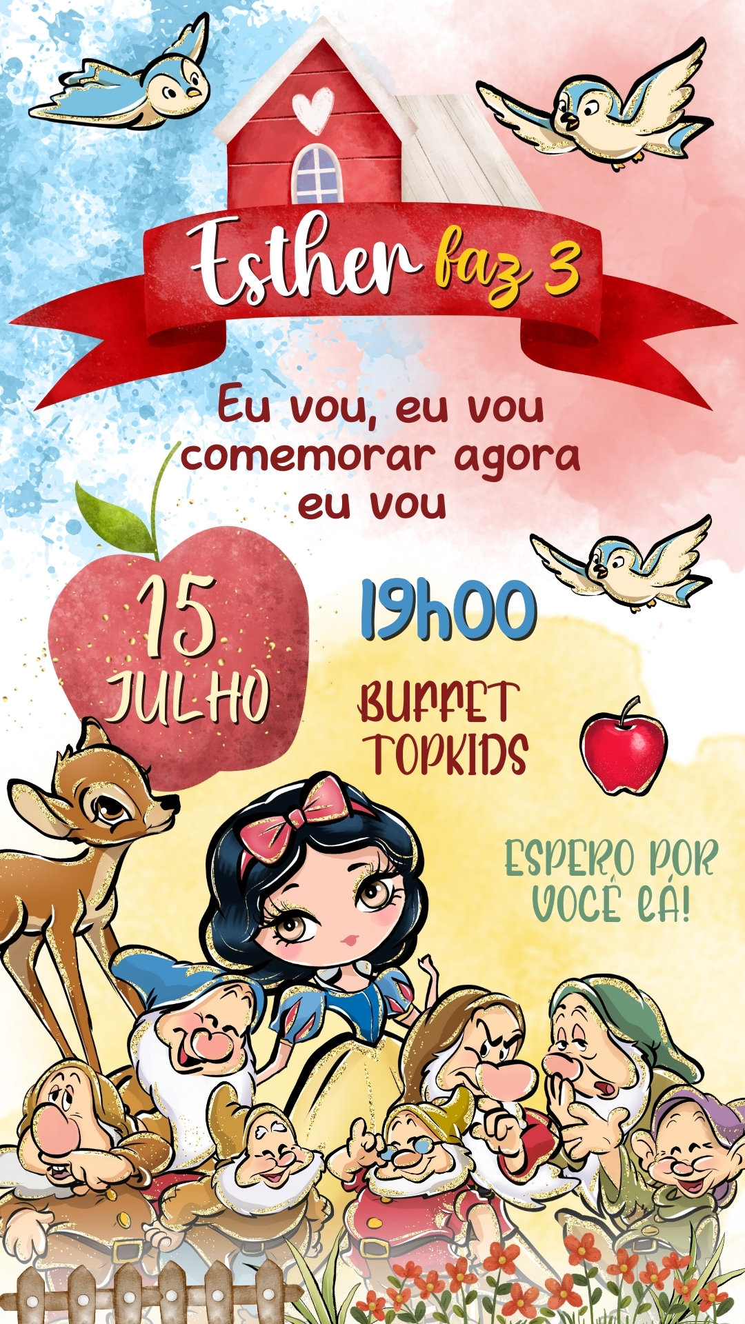 Convite Simples - Branca de Neve Cute Aquarela