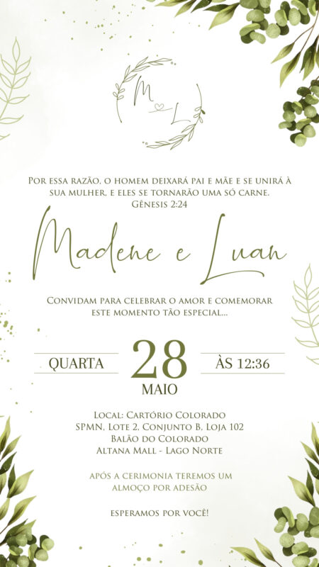 Convite Simples - Casamento Verde Oliva