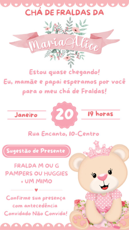 Convite Simples - Chá de Fraldas - Ursinha Princesa Rosa