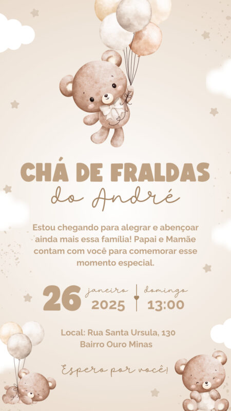 Convite Simples - Chá de Fraldas - Ursinho Marrom