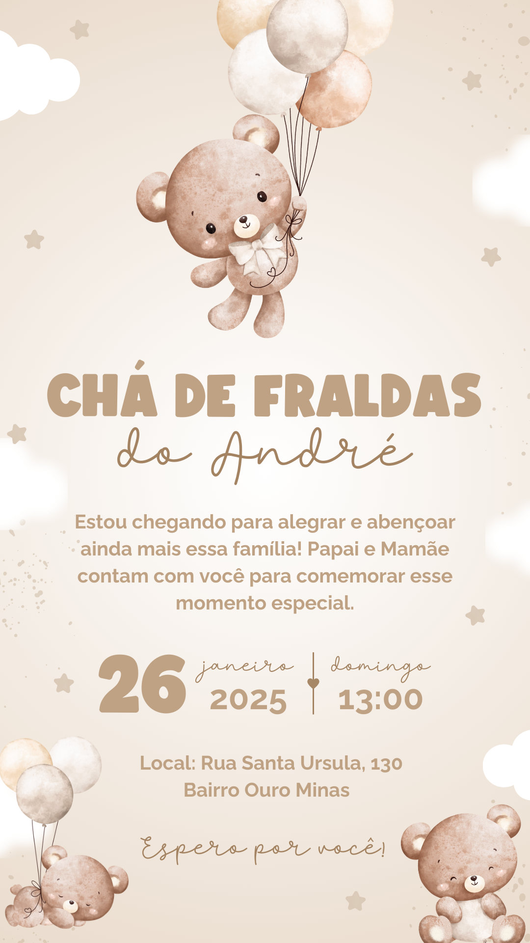 Convite Simples - Chá de Fraldas - Ursinho Marrom