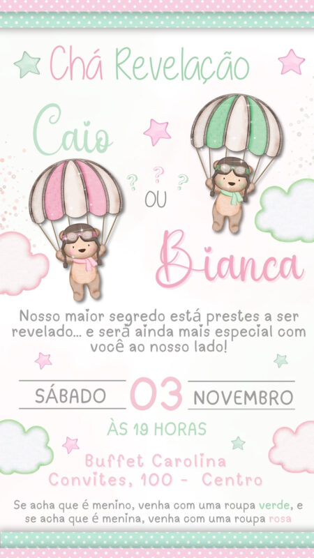 Convite Simples - Chá Revelação Verde e Rosa