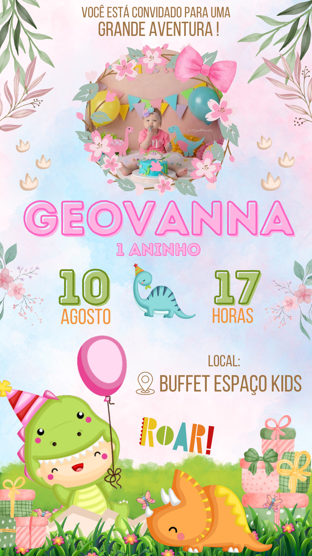 Convite Simples - Dino Baby Menina