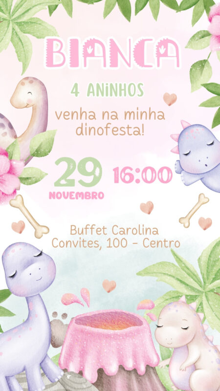 Convite Simples - Dinossauro Menina (Dino Baby)