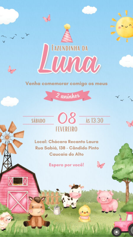 Convite Simples - Fazendinha Aquarela Rosa Menina