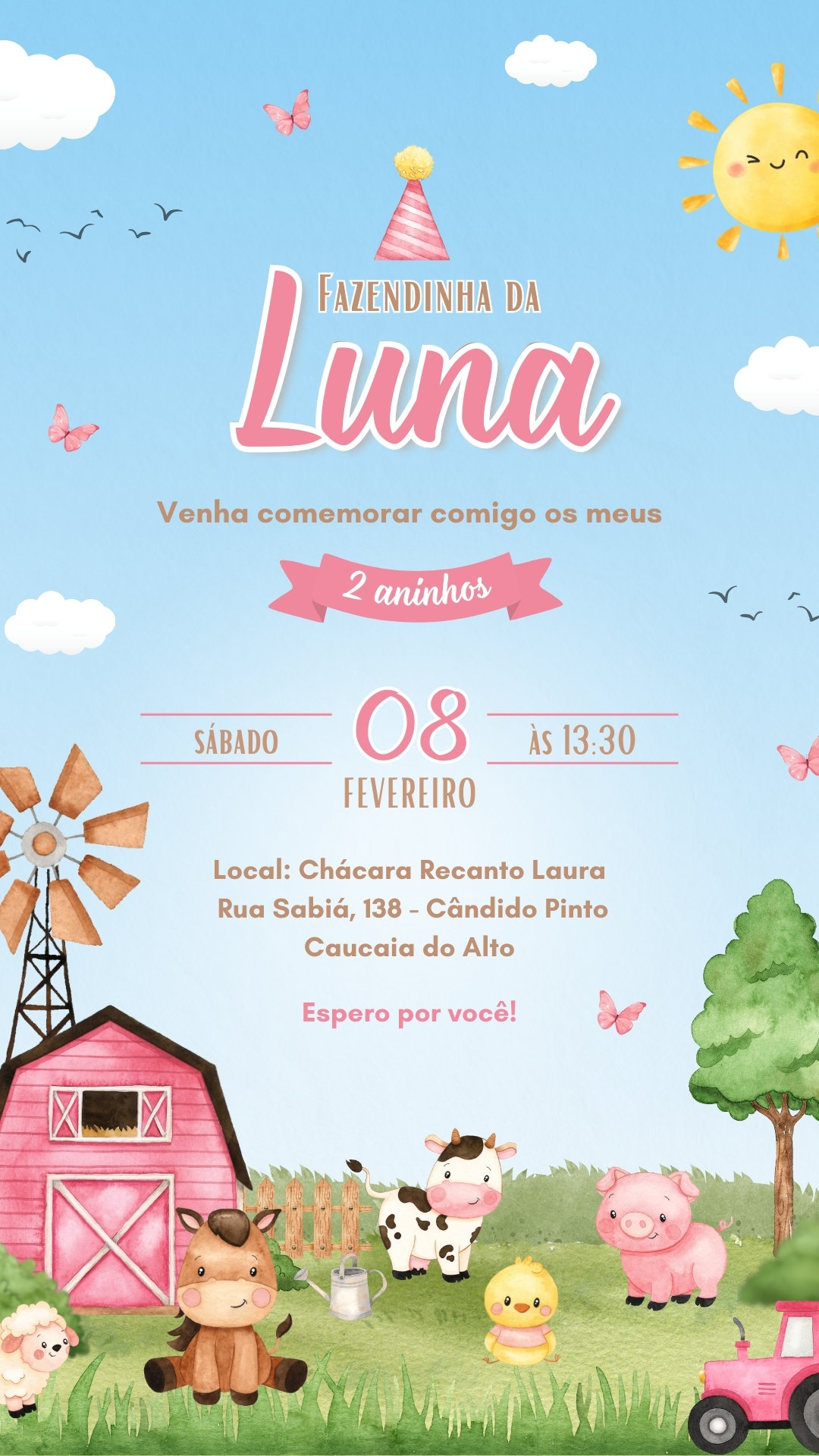 Convite Simples - Fazendinha Aquarela Rosa Menina