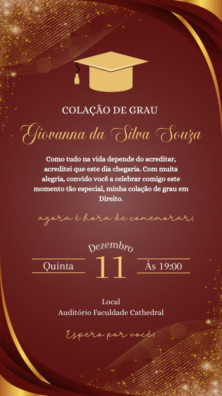 Convite Simples - Formatura Vermelho/Bordô com Dourado