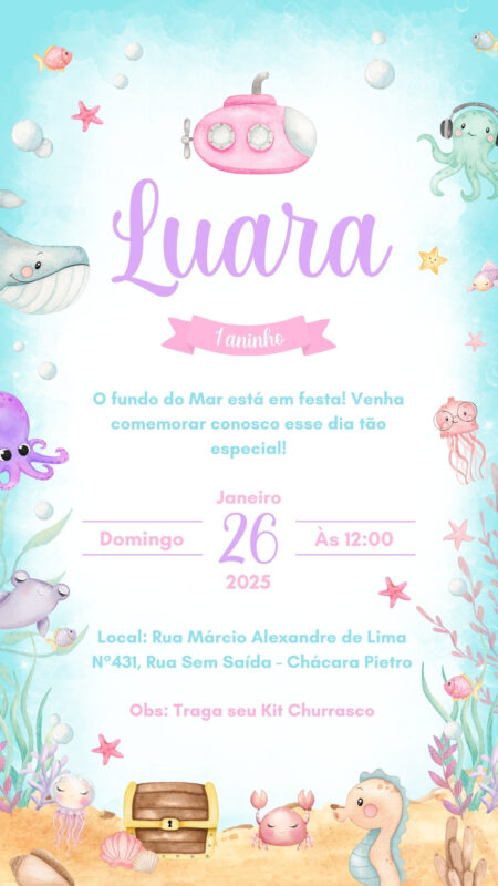 Convite Simples - Fundo do Mar Menina