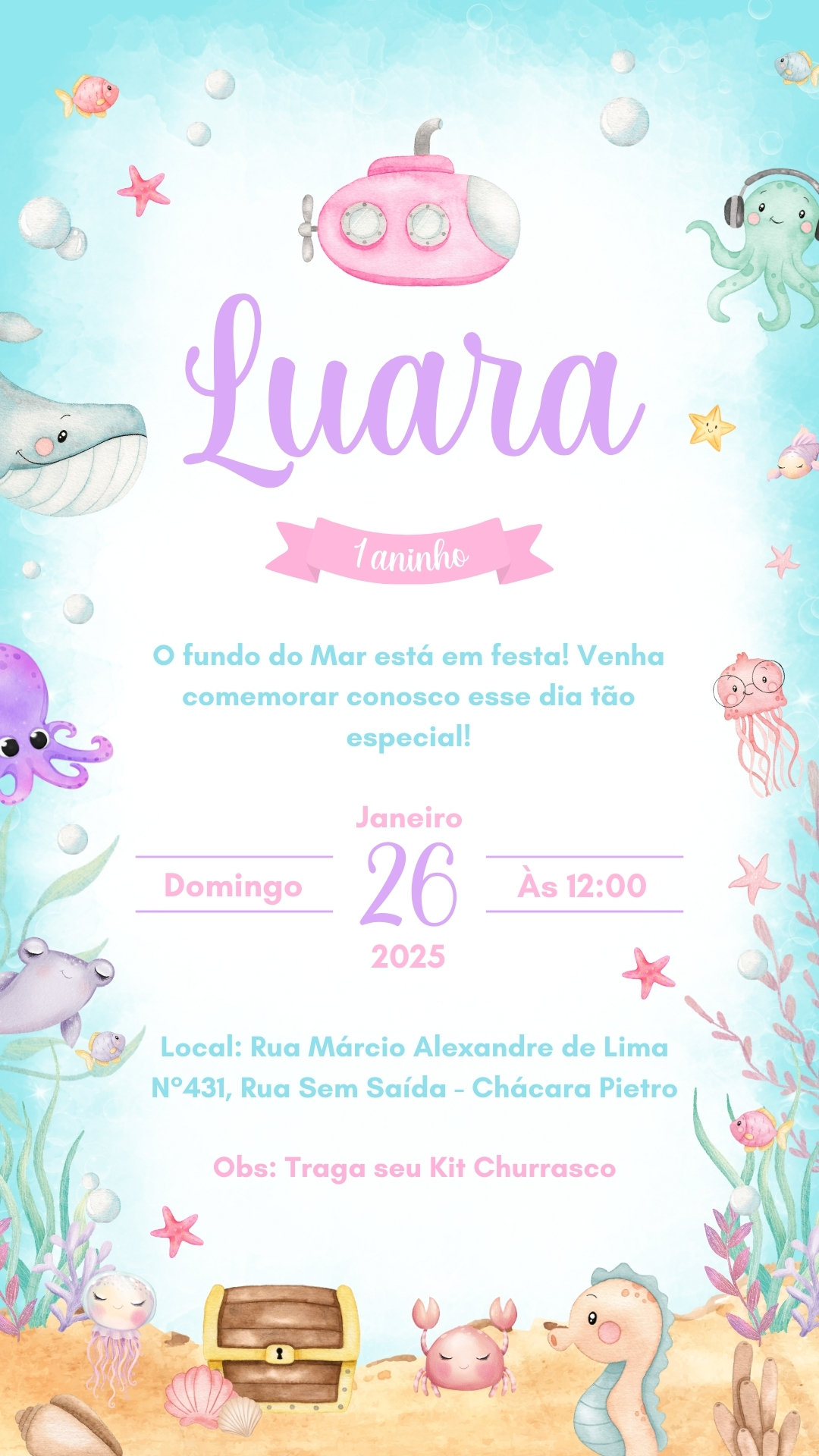 Convite Simples - Fundo do Mar Menina
