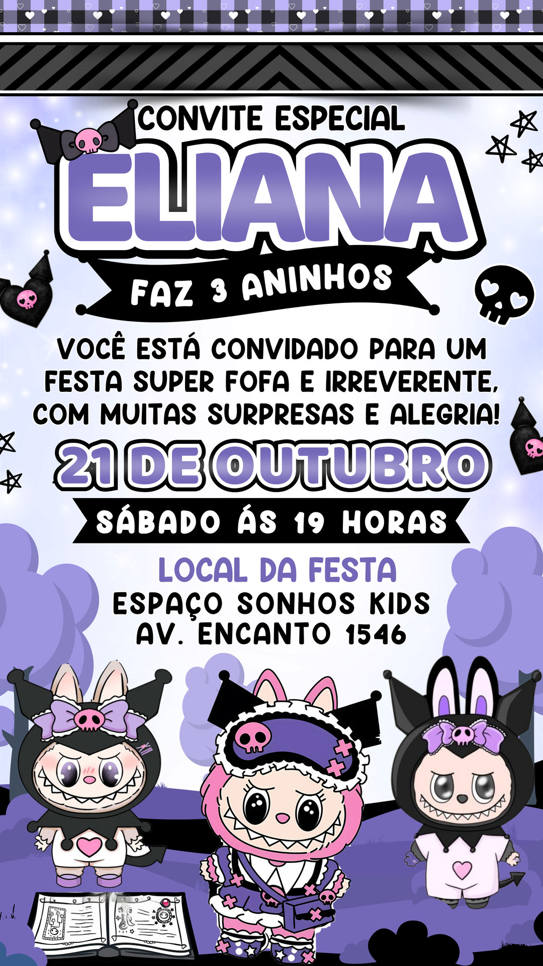 Convite Simples - Labubu Kuromi