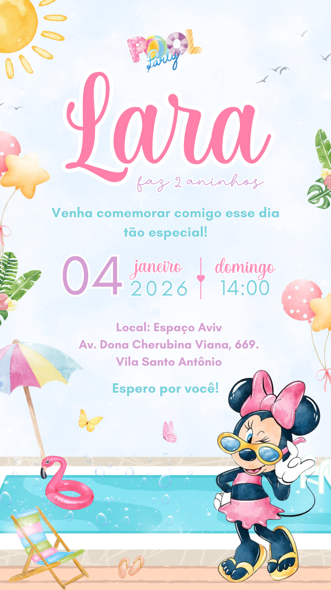 Convite Simples - Minnie Pool Party