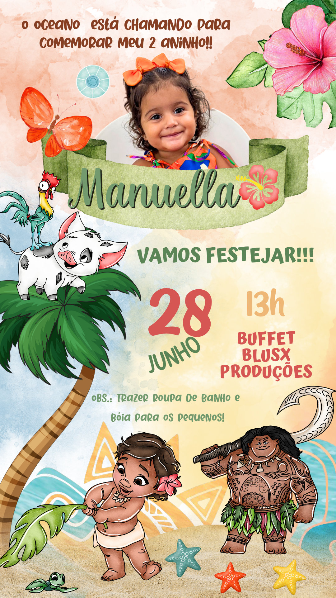 Convite Simples - Moana Baby Aquarela