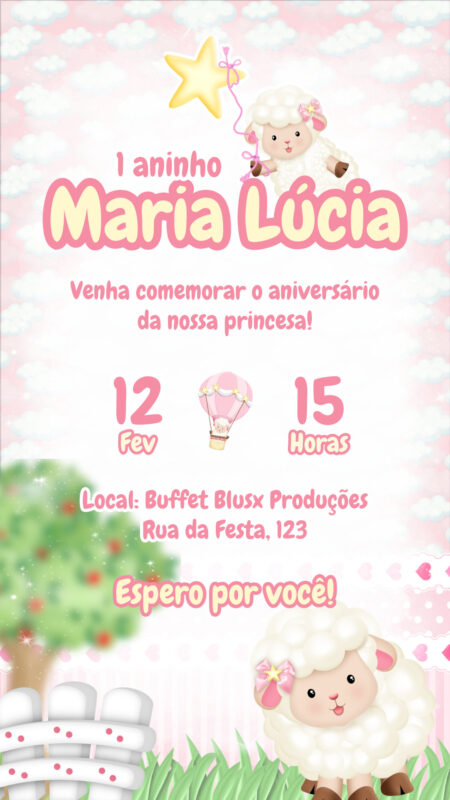 Convite Simples - Ovelhinha Rosa