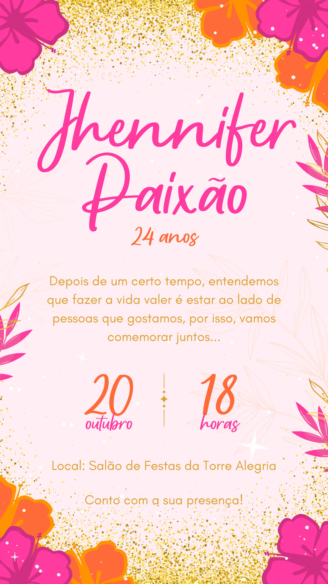 Convite Simples - Pink, Laranja e Dourado