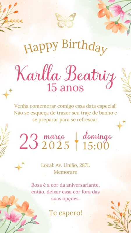 Convite Simples - Rosa e Dourado (15 Anos)