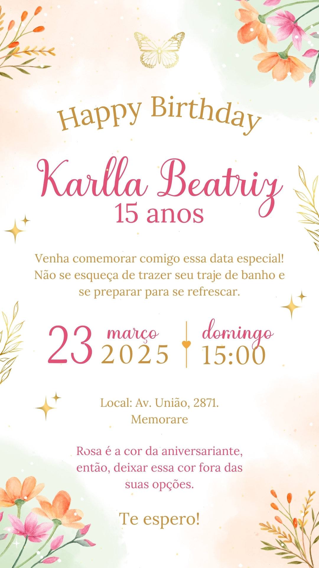 Convite Simples - Rosa e Dourado (15 Anos)