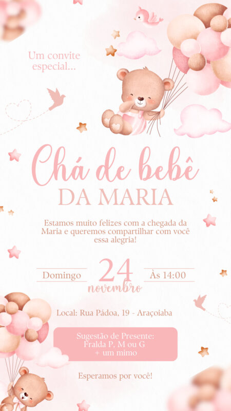 Convite Simples - Ursinha Rosa Chá de Bebê