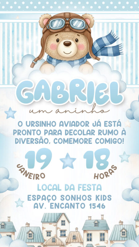 Convite Simples - Ursinho Aviador