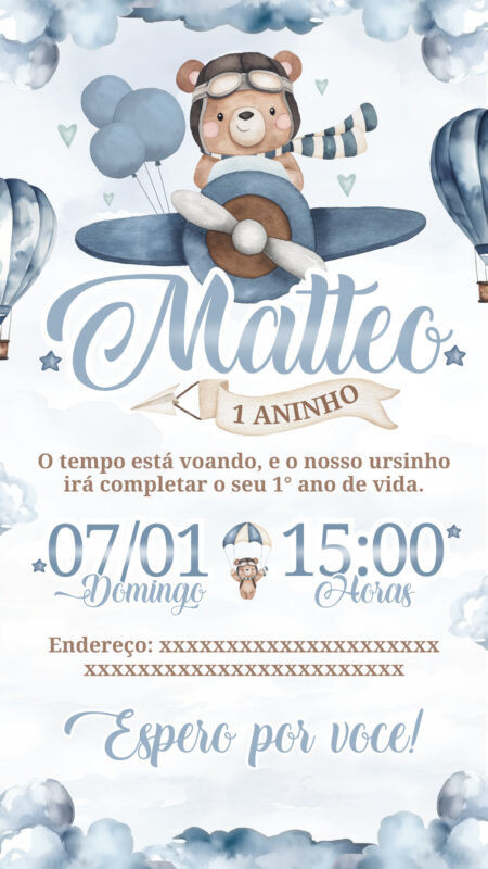 Convite Simples - Urso Aviador Azul
