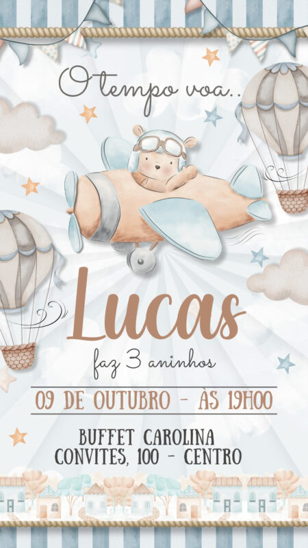 Convite Simples - Urso Aviador O tempo voa