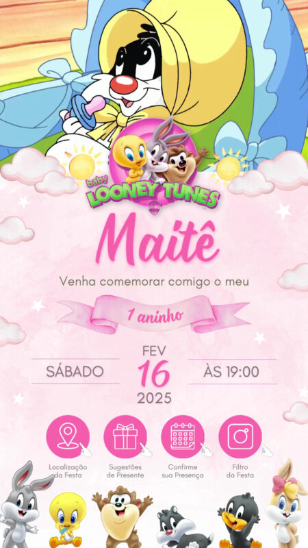 Convite Tecnológico - Baby Looney Tunes Rosa Menina