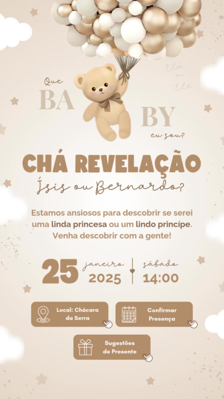 Convite Tecnológico - Chá revelação - Ursinho Bege e Marrom